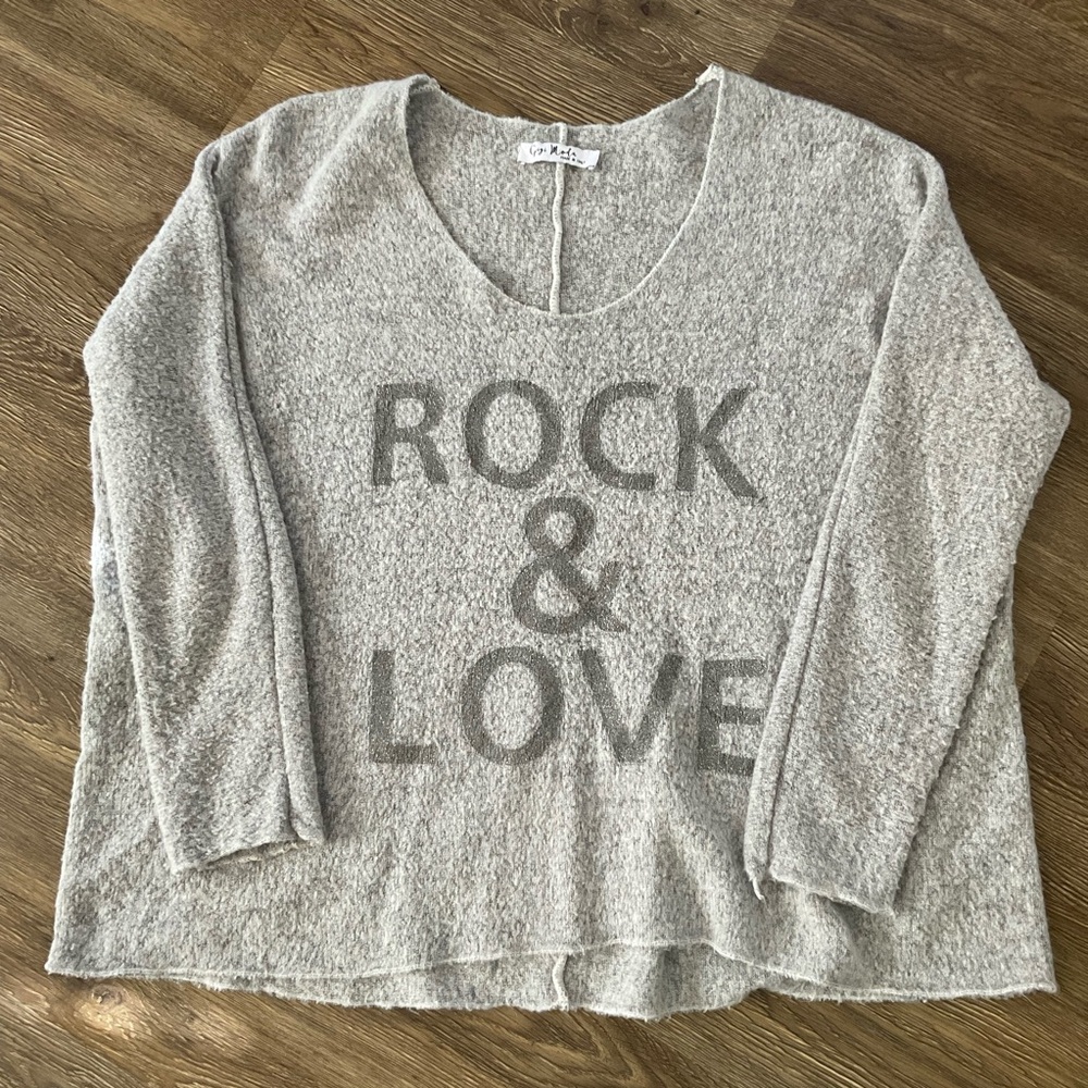 GIGI MODA ROCK & LOVE BLACK KNIT SWEATER, WOOL BLEND SILVER METALLIC LETTERS O/S